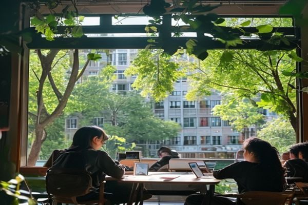 学生用手机拍摄校园日常，镜头对准教室窗外绿树，轻松自然的校园内容创作场景