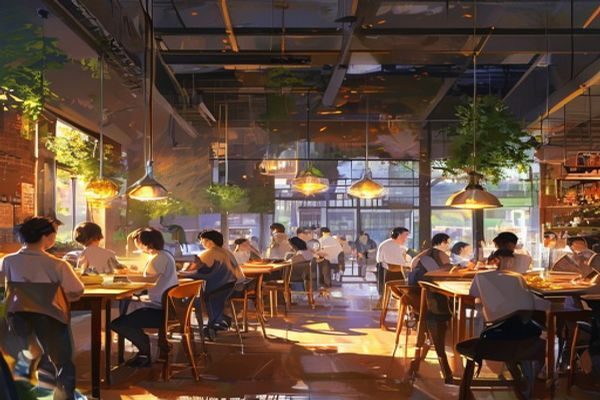 校园食堂热闹场景，学生端着餐盘交流，充满烟火气的校园日常饮食生活记录，真实青春气息