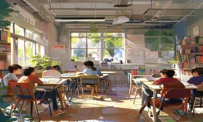 课间教室内学生互相讨论作业，桌上堆满书本，生动活泼的校园学习交流场景